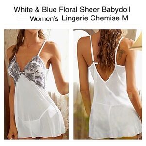 WOMEN’S M LINGERIE Sheer White Mesh & Blue Floral Embroidered BABYDOLL / CHEMISE